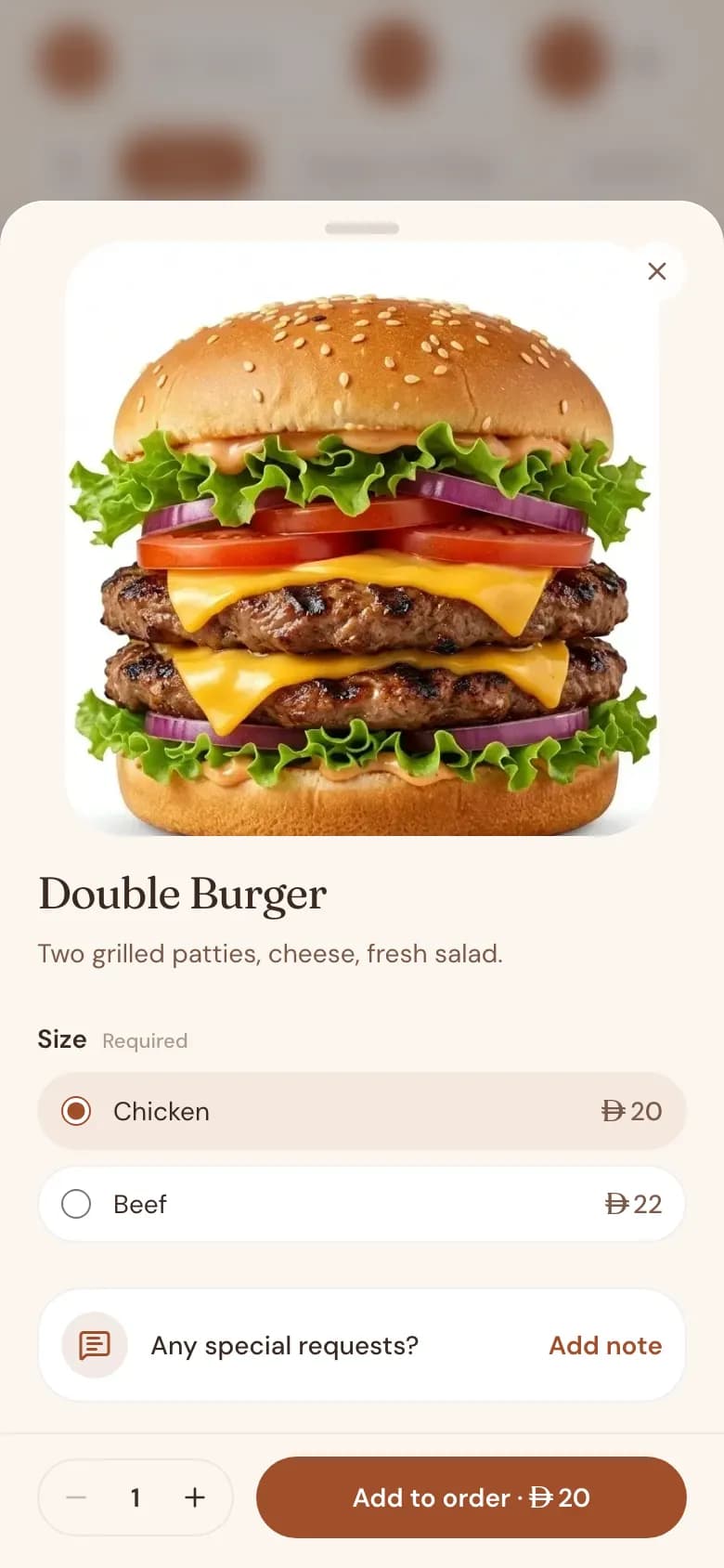 An item opened on the menu with a photo, a choice of sizes with prices, and add-on options to tick