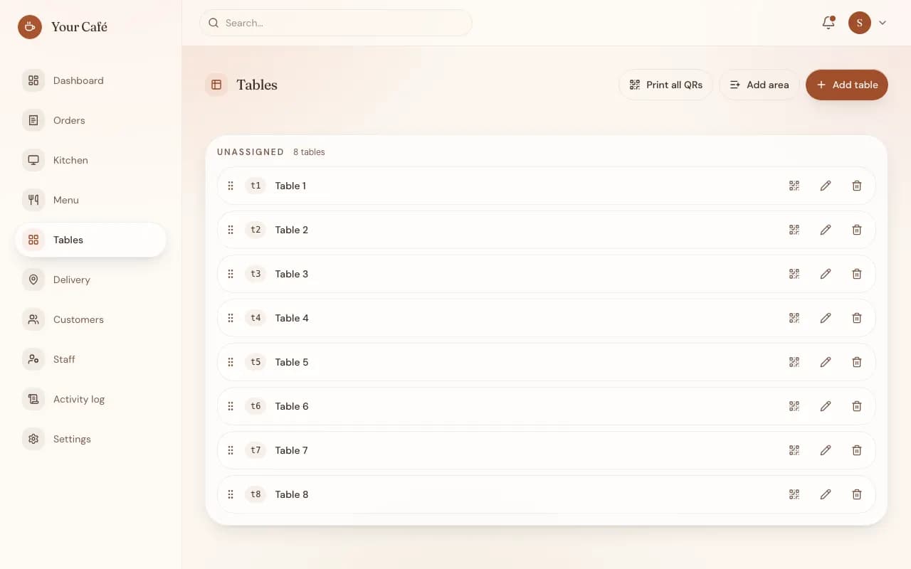 Manager tables screen in the Cupcloud admin with a separate QR code for each table