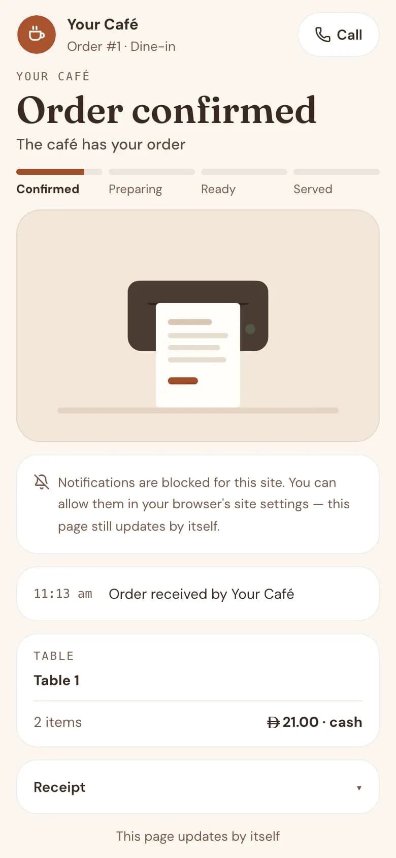 Order tracking page on a phone showing the live order status and an arrival-time window for delivery
